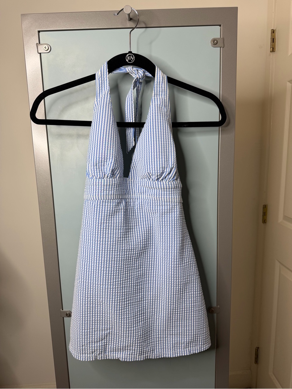 J. Crew Blue and White Seersucker Halter One-Piece Swimsuit